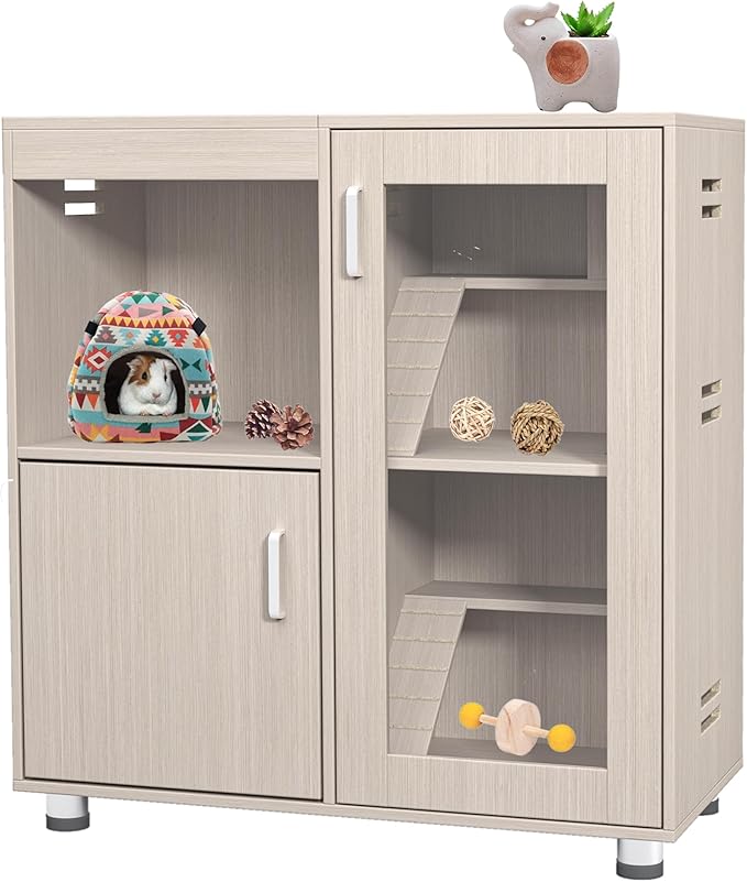 Small Animal Cage Hamster Cage with Storage Cabinet and Ramp, Openable Top, Easy View Acrylic Windows, Wood Ferret Cages for Chinchillas/Guinea Pigs/Rabbit