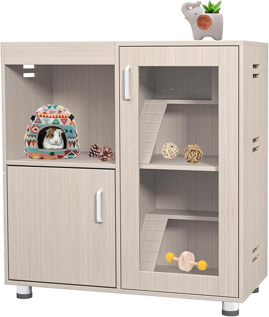 Small Animal Cage Hamster Cage with Storage Cabinet and Ramp, Openable Top, Easy View Acrylic Windows, Wood Ferret Cages for Chinchillas/Guinea Pigs/Rabbit