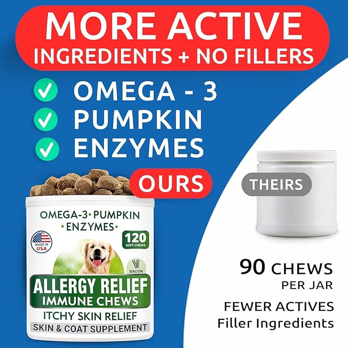 BARK&SPARK Dog Allergy Relief Soft Chews for Skin Health & Seasonal Allergies - Anti-Itch Supplement w/Omega-3, Quercetin & Bromelain Immune Treats for Dry Skin & Hot Spots - Bacon - 120ct