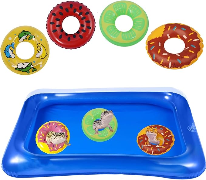Lizard Bath Pool & Collar Rings Set - Inflatable Reptile Bathing Swimming Pool Bathtub Reptile Swim Float Ring for Leopard Gecko Amphibians Habitat Accessories Grooming Health Supplies (Blue)