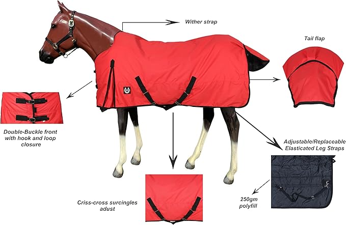 Horse Blanket 600D Ripstop Winter Turnout Blanket, 250 GSM Polyfill, 100% Waterproof & Breathable, Cold Weather Horse Blanket with Secure Fit Red/Black, Size 78