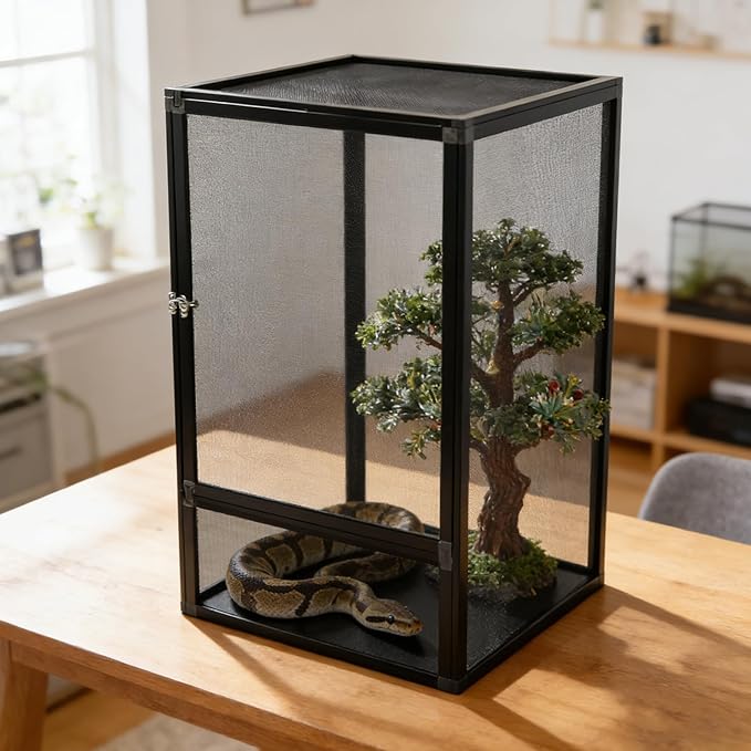Reptile Terrarium Tall Reptile Tank Mesh Ventilation Durable Aluminum Frame Easy Assembly Micro Habitat Terrarium Enclosure for Chameleons Lizards/Iguanas Snakes Small Animals 17.7"x17.7"x31.5"