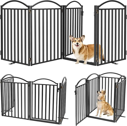 Malier Metal Freestanding Dog Gates with Door, 32'' Height Outdoor Indoor Dog Fences, 96'' Extra Wide Foldable Puppy Gate Free Standind Tall Pet Gate for Stairs, Hallways, Yard (Black, 4 Panels)