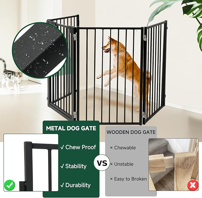 Snagle Paw Metal Freestanding Dog Gate with Door, 80” W x 24” H Dog Fence with Support Feet for Doorways, Stairs and Hallways, Portable Pet Gate for Indoor Use (4 Panel, Black)