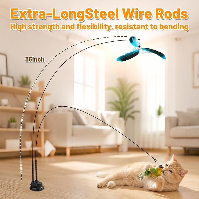 Interactive Suction Cup Cat Teaser Wand, Cat Toy with Simulated Bird & Spinning Feather Attachments, Strong Suction Base & Long Steel Wire for Kitten Self-Entertainment (Detachable) - Image 2