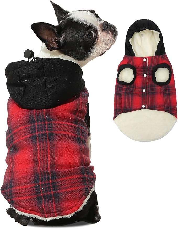 Vecomfy Fleece Lining Dog Hoodie for Small Dogs Extra Warm Plaid Sweater with Drawstring Hooded Coats in Winter Puppy Jacket,Red S