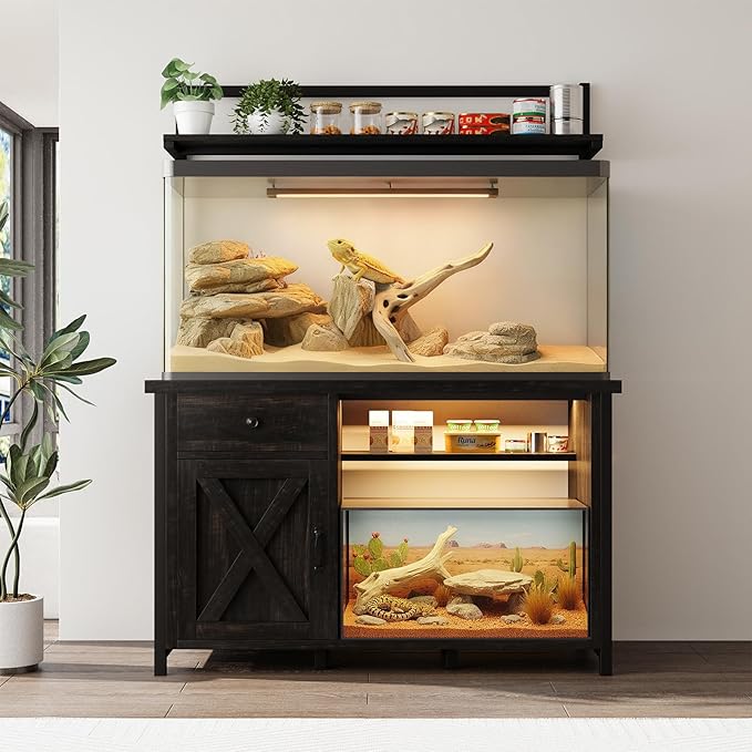 Reptile Tank Stand with Power Outlet, Terrarium Stand with Storage Cabinet, 49" X 20" Tabletop, Aquarium Stand with LED Lights, Reptile Terrarium,Turtle Tank (Oak)