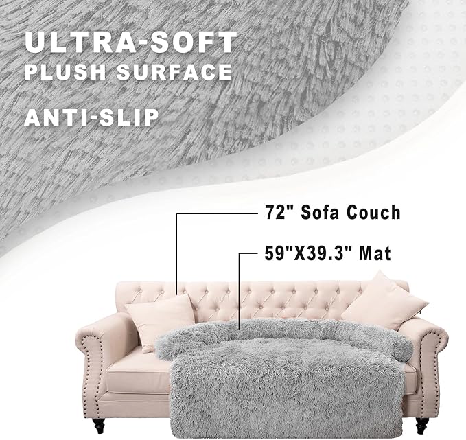 Tinaco Calming Dogs/Cats Bed Mats, Dog Pad Washable Removable Couch Cover, Plush Long Fur Mat for Pets, Waterproof Lining, Perfect for Small, Medium and Large Dogs and Cats (Light Gray, 59"x39")