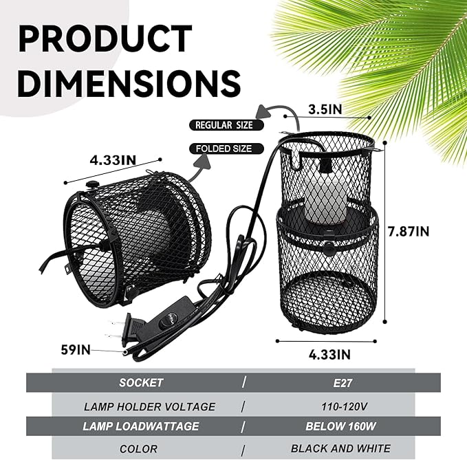 kathson 2 PCS Retractable Reptile Heat Lamp Guard,Reptile Anti-Scald Mesh Cage Guard Lampshade,Ceramic Heat Emitter Heat Lamp Shade Fixture for Snake Lizard Turtle Frog,Without Bulb