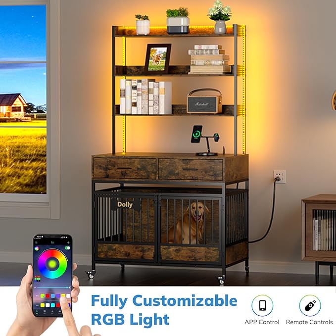 Petrova 40" Dog Crate Furniture with LED Light & Power Outlets, Heavy Duty Indoor Dog Kennel for Small/Medium Dogs, Wooden Dog Cage with Open Shelves, Storage Drawers, Lockable Wheels, Brown