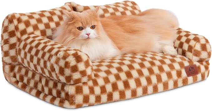 Hollypet Fluffy Dog Cat Bed Pet Couch Beds Plush Soft Warming Washable Puppy Bed for Small Medium Dogs and Large Cats, Brown and Light Yellow, 24" L x 18" W x 10" Th