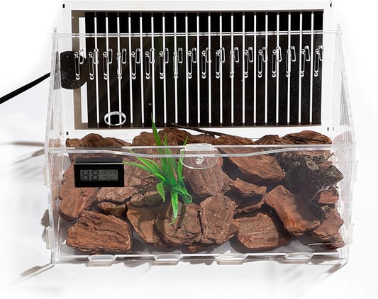Pet Terrarium Set, Acrylic Reptile Tank with Heating Pad and Hygrometer, Clear Rectangular 12x8x6Inches, Waterproof Modern Design for Small Pets