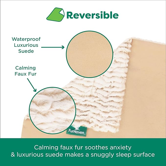 FurHaven Waterproof Dog Blanket – Birch Faux Fur & Suede Calming Throw for Pets, Washable – Taupe, Medium