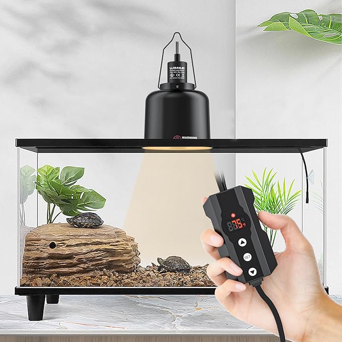Reptile Heat Lamp Fixture 5.5" Deep Dome with Clamp & Digital Reptile Thermostat Controller, Ceramic Socket UVA UVB Basking Bulb Holder, PID Temp Control for Bearded Dragons Turtles Lizards Snakes