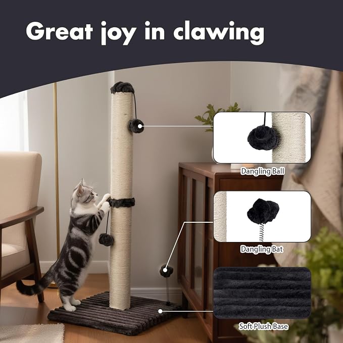 MECOOL 34“ Tall Cat Scratching Post Premium Basics Kitten Scratcher Sisal Scratch Posts Trees with Hanging Ball for Indoor Cats (34 inches for Adult Cats, Charcoal Gray) - Image 2