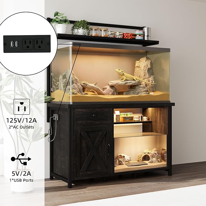 Reptile Tank Stand with Power Outlet, Terrarium Stand with Storage Cabinet, 49" X 20" Tabletop, Aquarium Stand with LED Lights, Reptile Terrarium,Turtle Tank (Oak)