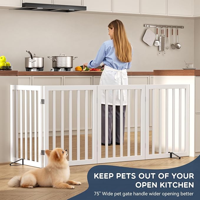Homykic Bamboo Freestanding Dog Gate, No Assembly Pet Gate Indoor, 24”H x 75”W Extra Wide Foldable Puppy Barrier Fence with Support Feet for the House, Doorways Stairs, 4 Panels, No Drilling