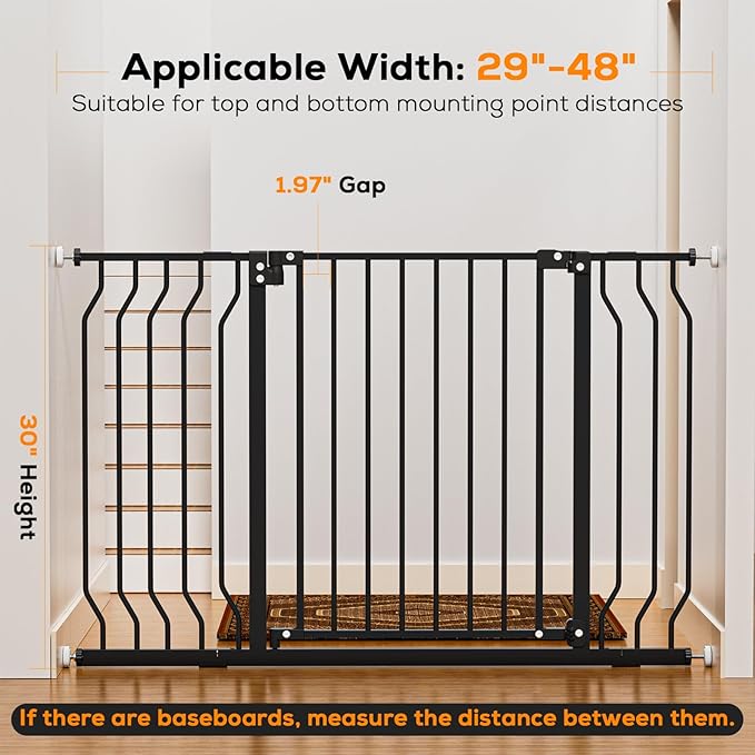 29-48" Baby Gate for Stairs, Baby Safety Essentials, Auto Close Gate for Doorways, Easy Install Pressure Mounted Dog Gate Indoor, Pet Gates for Dogs, Black