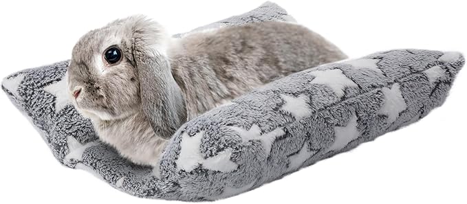 MEWTOGO 15.7" x 14" Bunny Bed for Rabbit Cage - Thickened Soft Prevent Sore Hocks Plush Mat with Cotton Lounger Pillows, Small Animal Flop Mat for Hutch Sleeping Indoor, Gray-Star