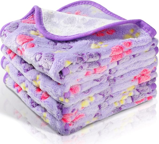 Tatuo 4 Pcs Dog Blanket for Pet Cat Blankets Indoor Puppy Teething Stuff Toys Paw Print Fleece Blanket Warm Sleep Mat for Guinea Pig Cage(Purple,Medium(30 x 20.5 Inch),Square)