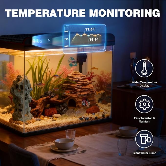 Coospider 20 Gallon Glass Fish Tank, Aquarium Starter Kit, Self-Cleaning Aquarium with 3-Color LED Lights, Quiet Filter Pump, Temperature Monitoring for Fish, Shrimp, Kids Gift Idea