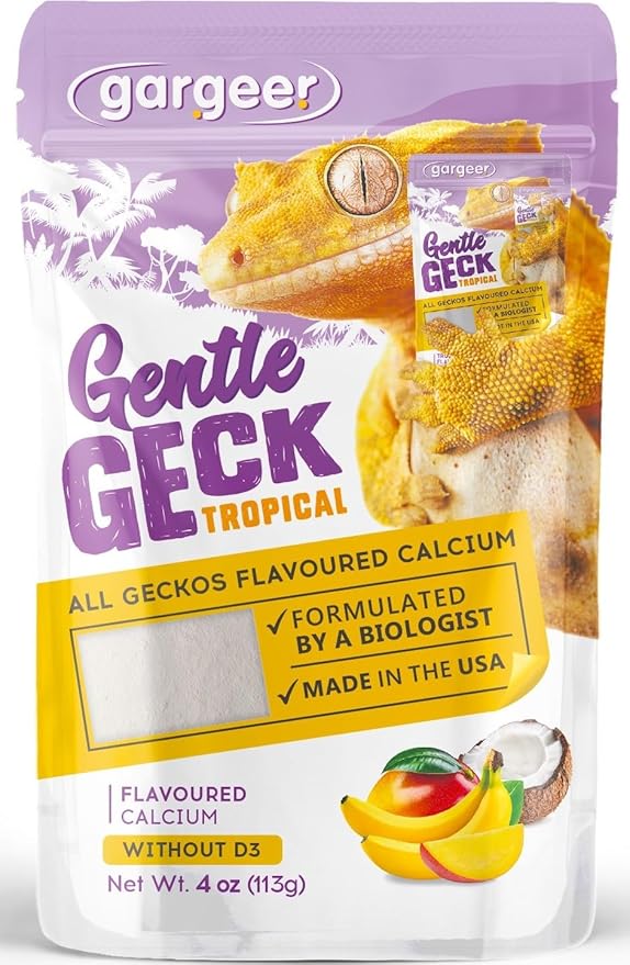 Gargeer 4oz Gecko Calcium without Vitamin D3, Phosphorus-free, Ultrafine Powder. Ready to Use Supplement for Geckos & Fruit-Eating Reptiles. Flavored with Real Organic Tropical Fruits. Made in the USA