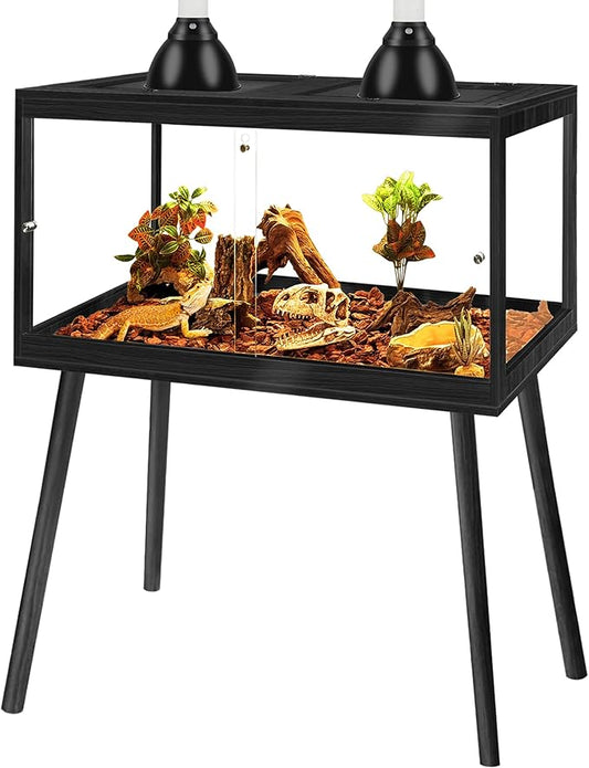 PROLEE Bearded Dragon Tank with Leg, 30 Gallon Tempered Glass Lizard Tank, Reptile Enclosure with Metal Mesh and Lockable Door, Reptile Tank for Snakes,Chameleon (Black, 24x15.5x15.5 Inch)