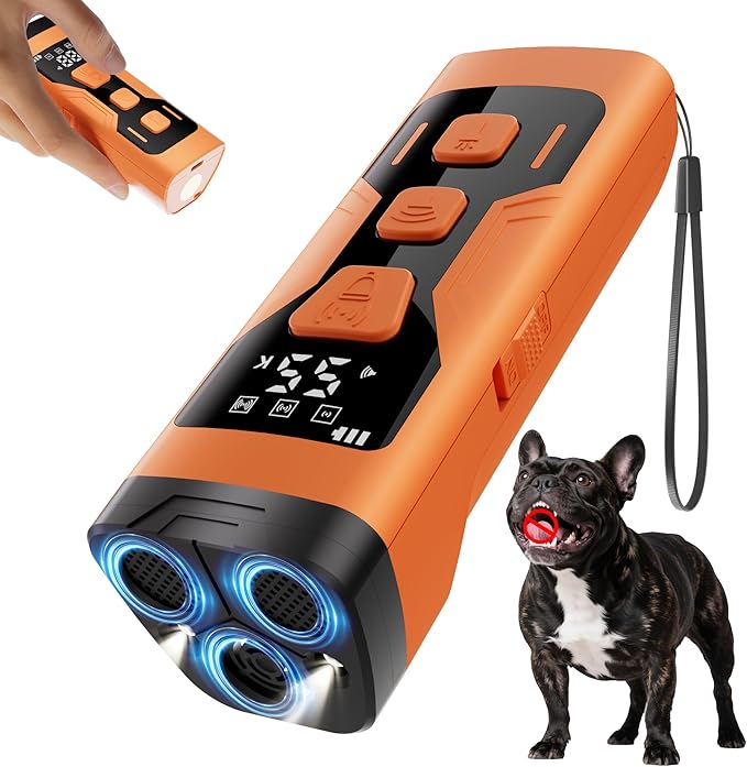 Dog Bark Deterrent Devices, 3X Ultrasonic Anti Barking Device for Dogs, 4 Frequencies 5 Training Modes 65ft Safer Alternatives to Bark Collars, Portable Design with Display for All Dogs (Orange)