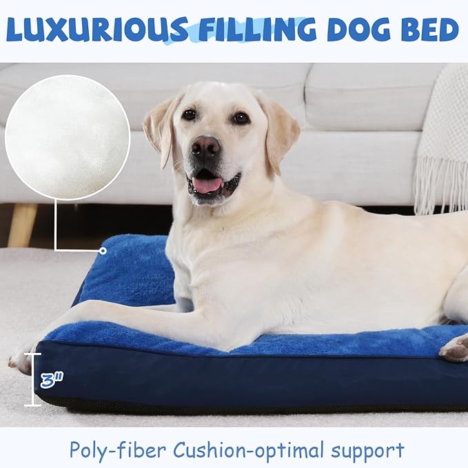 Dog Crate Bed Waterproof Deluxe Plush Dog Beds with Removable Washable Cover Anti-Slip Bottom Pet Sleeping Mattress for Large, Medium, Jumbo, Small Dogs, 35 x 22 inch, Navy