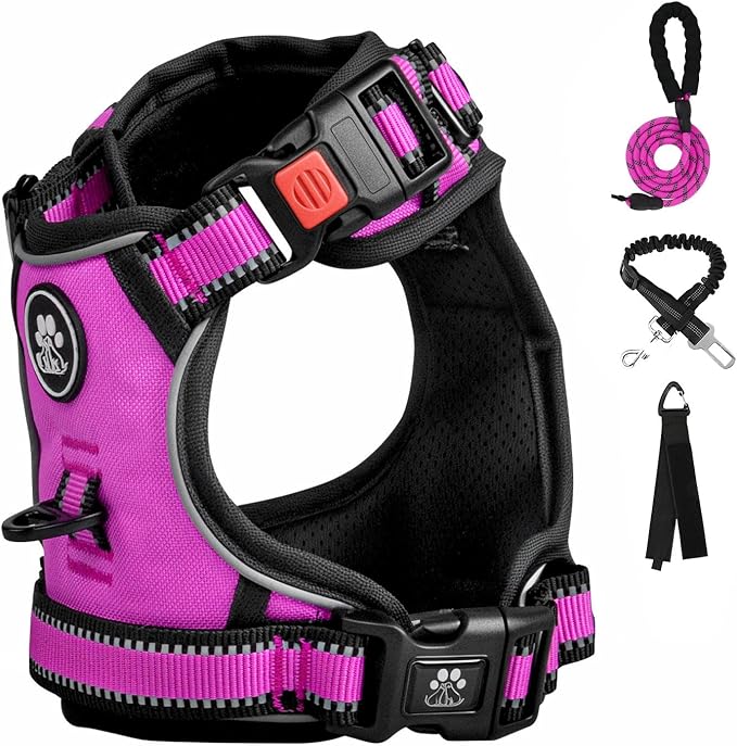 FURRYFECTION Plaid Dog Harness for Medium Dogs, Reflective No Pull Adjustable Pet Vest with Front Clip, Leash, Easy Control Handle and Seat Belt, Rose, M