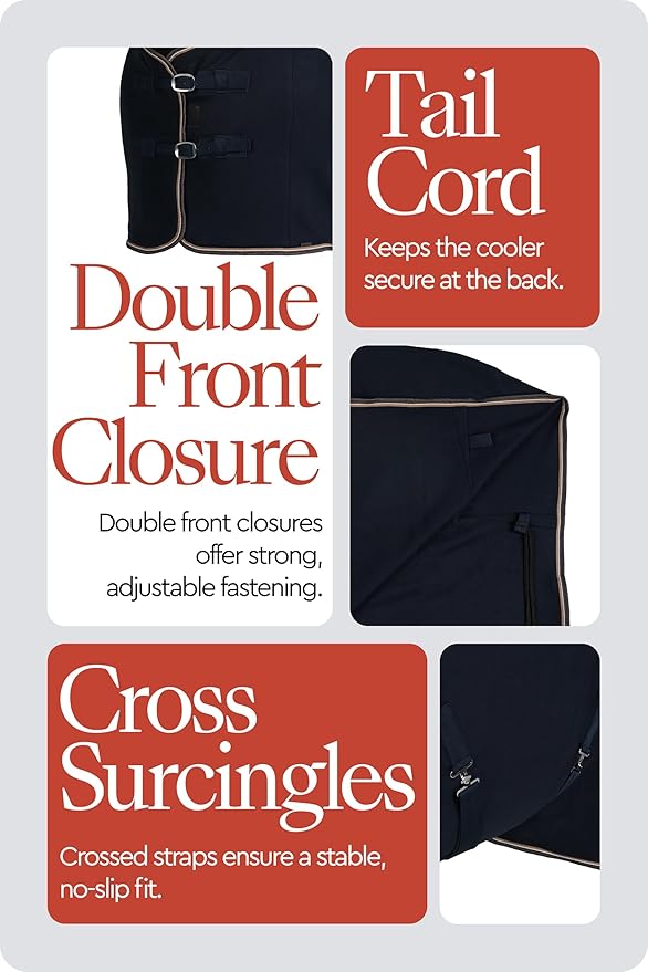HORZE Kiel Fleece Horse Cooler Blanket | Quick-Dry Fleece Horse Cooler Sheet with X-Surcingles & Tail Cord - Dark Navy - 78 in