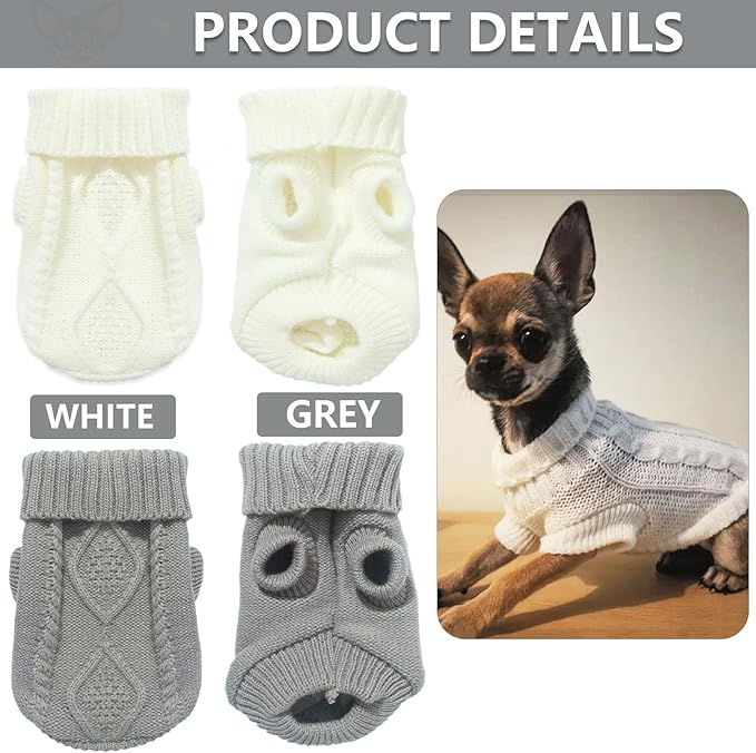 2 Pack Turtleneck Puppy Sweaters Warm Knitted Dog Sweaters for Small Dogs Girl Boy Teacup and Cats Pet Clothes Doggie Apparel Outfits, Grey White, Small(4~6.5lbs)