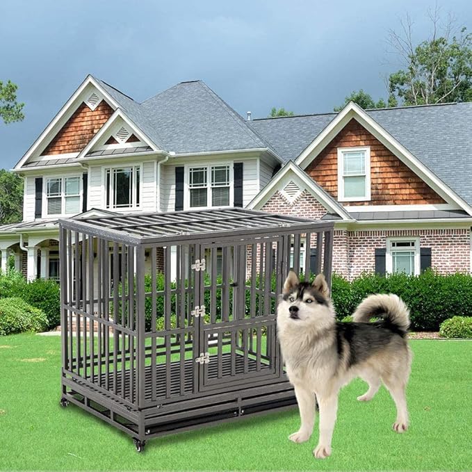 LUCKUP Heavy Duty Dog Cage Metal Kennel and Crate for Medium and Large Dogs, Pet Playpen with Four Wheels,Easy to Install,46 inch,Black … …