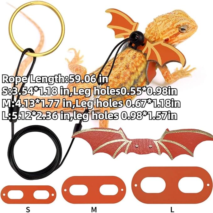 3 Size Pack Bearded Dragon Leashes and Harnesses, Bearded Dragon Harness, Soft Leather Detachable Adjustable Reptile Lizard Wing Leash (Orange)