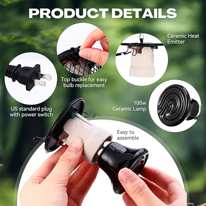 Retisee 4 Pcs Reptile Heat Lamp with Guard Bird Cage Heater 100w Ceramic Bulb Anti-scalding Heat Lamp Holder Bulb Short Grid Cage with Anti-bite Hook and Power Switch for Parrot Lizards Snakes Chicks