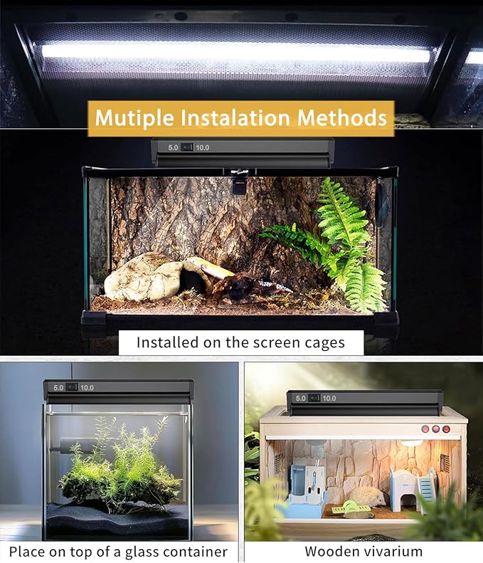 T5 HO UVB Reptile Light Fixture Combo Kit, Switchable 10.0 & 5.0 UVB Bulb, 8W Fluorescent Tube 12 Inch UVA/UVB Output Lamp for Rainforest Species and Desert Reptiles