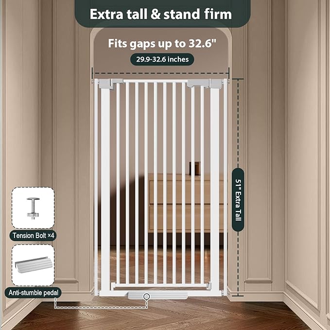 51'' Extra Tall Cat Gate Barrier for Doorways Hallways, Pressure Mounted Pet Dog Gates No Drilling Auto Close, Cat Fence Indoor Climb Proof 30-32.6'' Wide (White)
