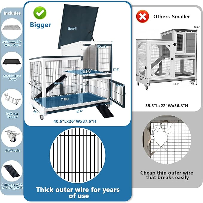 FunXplore Rabbit Hutch Indoor Bunny Cage Outdoor with Urine Guards 2 Storey Mobile Guinea Pig Cage Weatherproof Asphalt Roof Wire Bottom 2 Trays