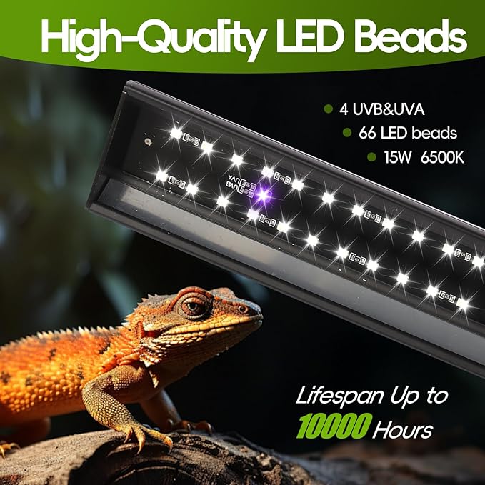 16-INCH LED UVB Light for Reptiles, LED Reptile Light Fixture Controller with Dimming and 4 UVI Modes, 15W Aluminum UVA UVB Lamp for Turtles, Snakes, and Bearded Dragons, 6500K