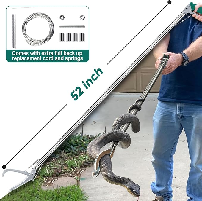 52" Snake Tongs Stick with Lock, Professional Snake Grabber Tool Heavy Duty Reptile Snake Catcher Grabber Stainless Steel Snake Pole Wide Jaw Handling Tool with a Protective Structures for Snakes