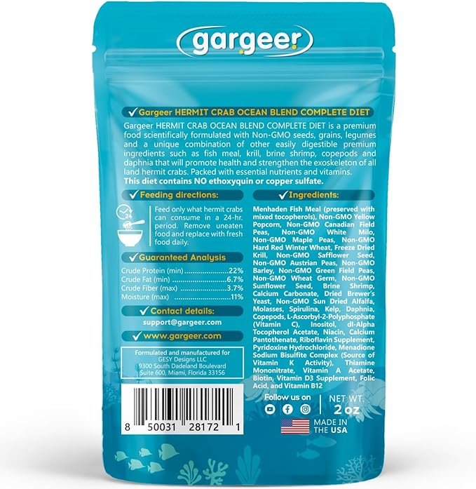 Gargeer 2oz Hermit Crab Ocean Blend Complete Diet. Easily Digested, Non-GMO Premium Ingredients Only. Strengthen Your Crab’s Exoskeleton, and Support All Nutritional and Immune System Needs
