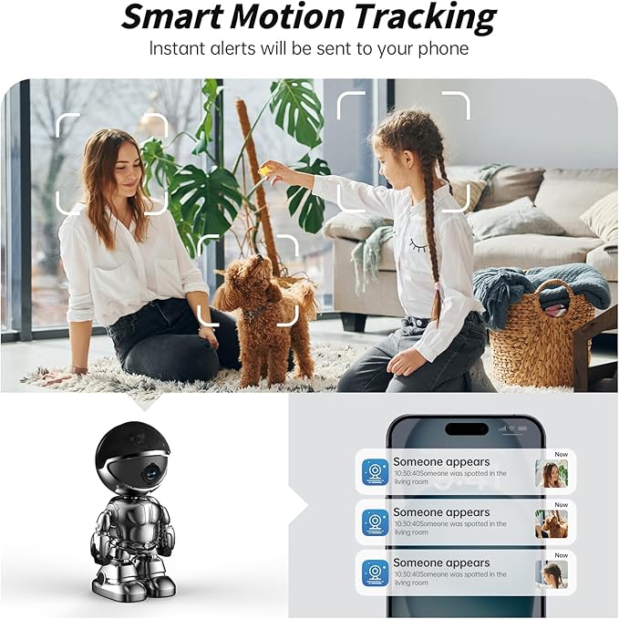 Chpuss Indoor Camera Robot, 2k 5g/2.4ghz WiFi Pet Robot Cam with Phone App EseeCloud, 360 PTZ Nanny Cam Dog Cam with Audio/Video, Spy Camera 2-Way Audio Motion Tracking 7/24 Night Vision