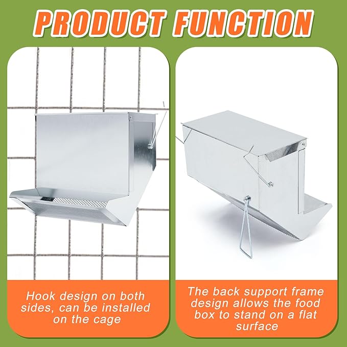 Maxcheck 2 Pcs Rabbit Feeder for Cages Small Animal Food Pellet Dispenser with Lid Metal Chicken Grit Oyster Shell Squirrel Feeders Outside(7.7 Inches,Mesh Bottom,Silver)