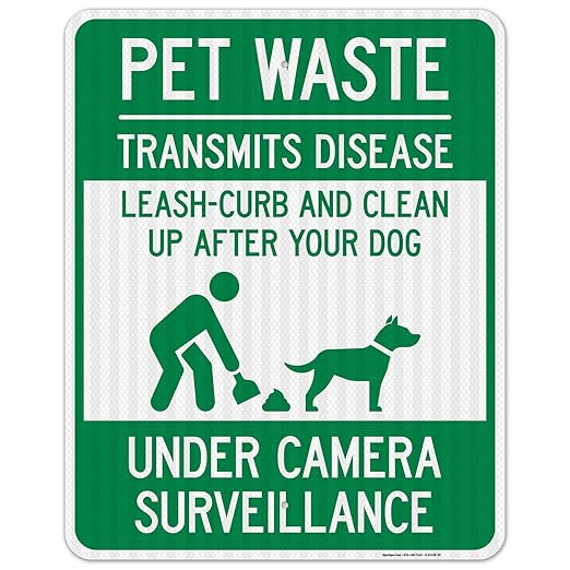 Pet Waste Leash-Curb and Clean Up After Your Dog Under Camera Surveillance Sign, (SI-63188) 24x30 Inches, 3M EGP Reflective .080 Aluminum, Fade Resistant, Made in USA