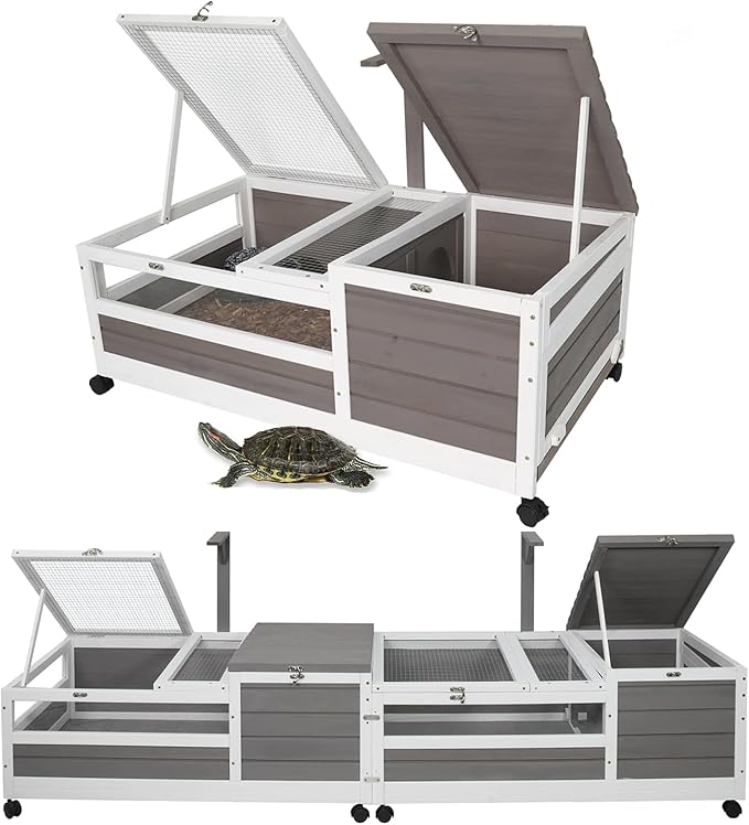 Ketive Tortoise Habitat Large Wooden Tortoise House Indoor & Outdoor, Reptile Cage for Small Animals-Leakproof Tray (Grey, 77" L x 23" W x 14.5" H)