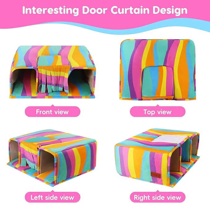 Guinea Pig Hideout with Tunnels, Toys & Cozy House - Soft Large Bed for Small Pets - Rainbow