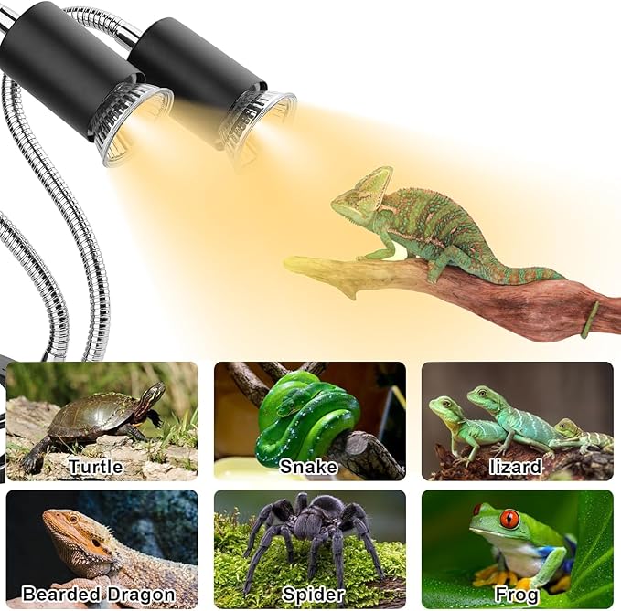 Reptile Heat Lamp, Dual-Head UVA UVB Reptile Light, Heating Lamp with Cycle Timer, Heat Lamp for Reptiles Bearded Dragon Turtle Crab Snake Lizard, Separate Control, 3 Basking Bulbs Light