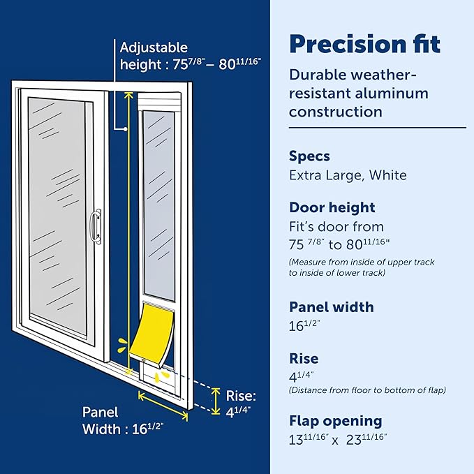 PetSafe Sliding Glass Pet Door - No-Cut DIY Install Doggy Door for Renters - Aluminum Frame - Adjustable Height 75 7/8" to 80 11/16" - Ideal for Extra Large Dogs Up to 220 lb - White