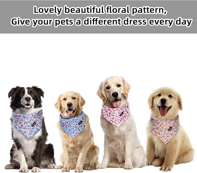 Dog Bandanas Spring-4PCS Puppy Bandana Orange Pink Blue Floral Printing Dog Bib Handkerchief Scarf Breed Accessories for Small Medium Large Dogs Cats Pets Gift