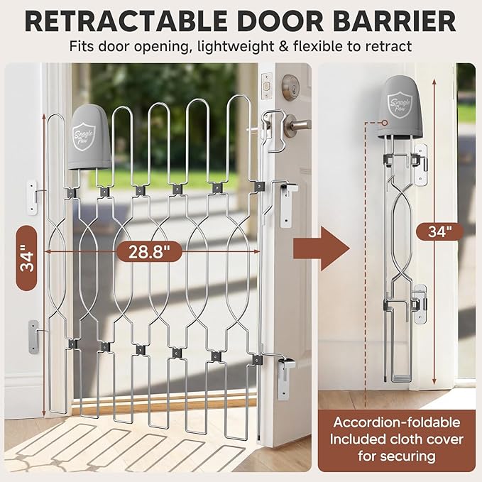 Snagle Paw Extra Tall Metal Retractable Door Barrier, 28.4" Wide 35" Tall Safety Dog Gate for Front Door,Easy Install Retractable Pet Gate for Recreational Vehicle,Doorways